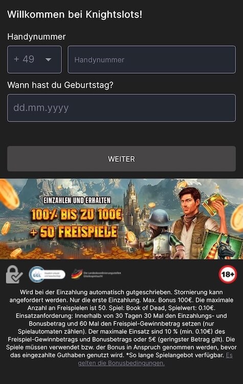 Knightslots Registrierung